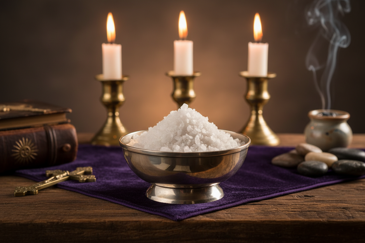 petit tas de gros sel déposé dans une coupelle métallique et sur un autel religieux